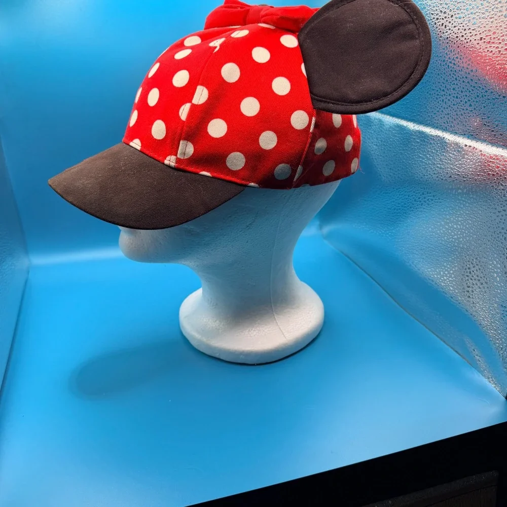 Disney Parks Minnie Mouse Polka Dot Ears Bow Snapback Hat Youth Red Black